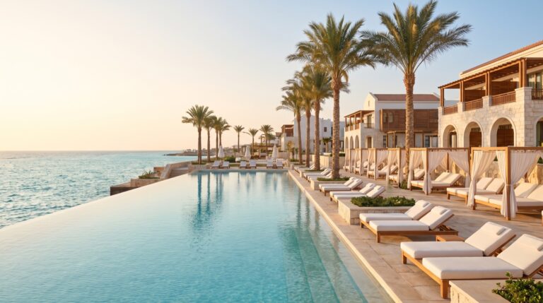 Luxury Rixos beach resort and infinity pool on Egypt’s Red Sea coast