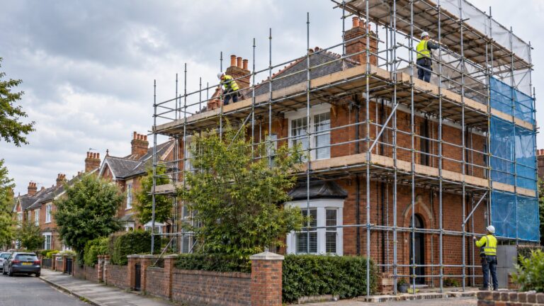 Scaffolding around a Victorian house during renovation work